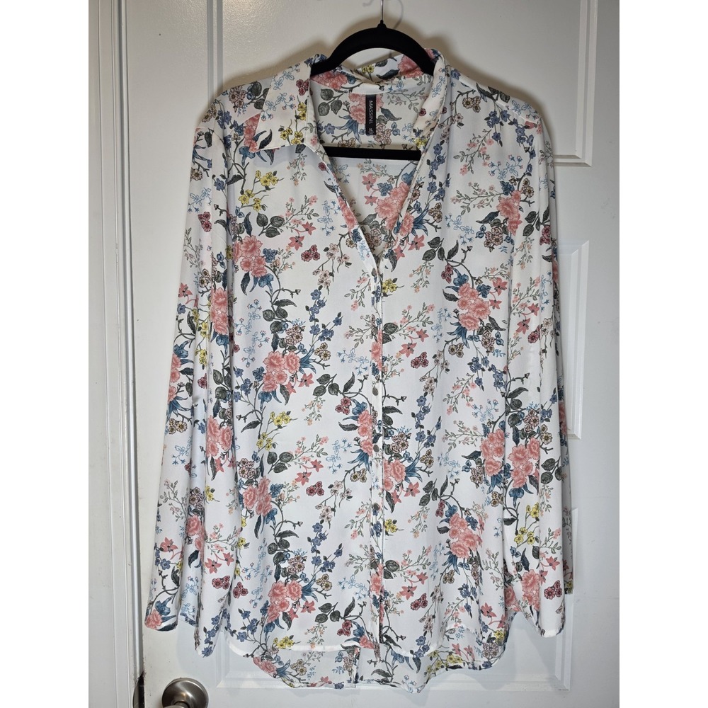Massini Womens Floral Top Size XL Vintage Pink Print Long Bell Sleeve Blouse
